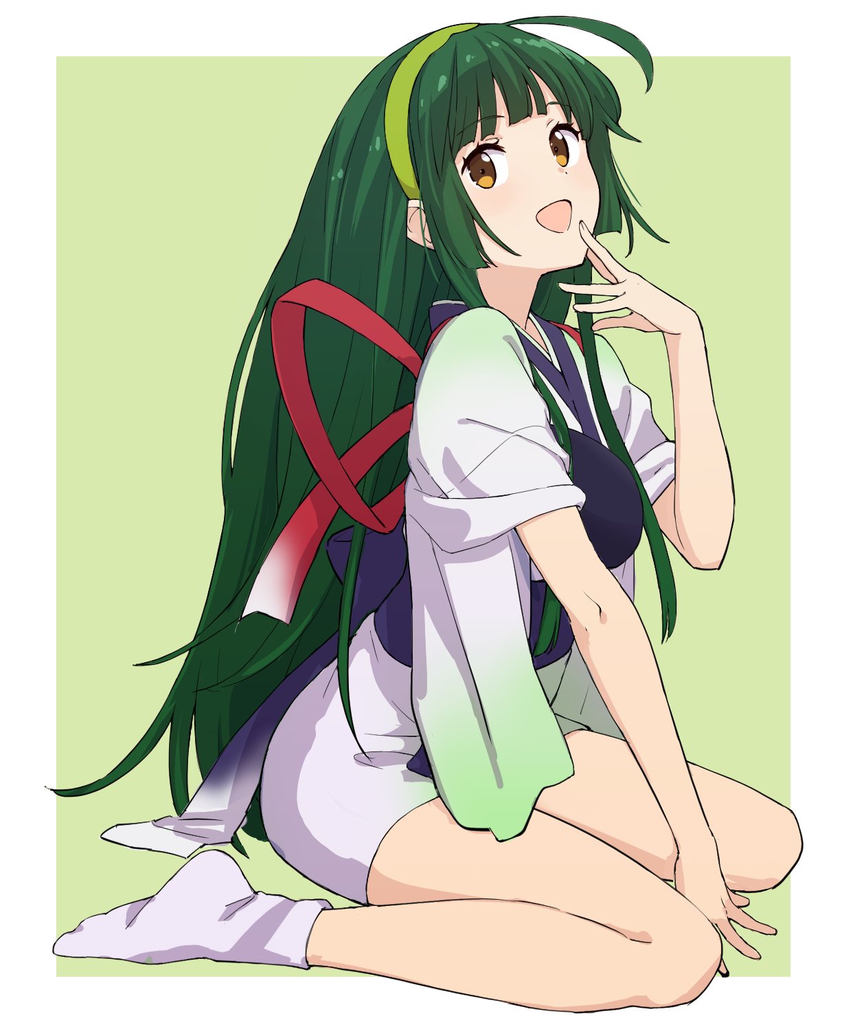 1girl ahoge arm_support border commentary_request from_side full_body green_background green_hair green_hairband hairband hand_on_own_chin hand_up highres japanese_clothes kimono leon_(mikiri_hassha) long_hair looking_at_viewer looking_to_the_side muneate no_shoes open_mouth outside_border short_kimono simple_background sitting sleeves_rolled_up smile socks solo tasuki touhoku_zunko voiceroid wariza white_border white_kimono white_socks yellow_eyes