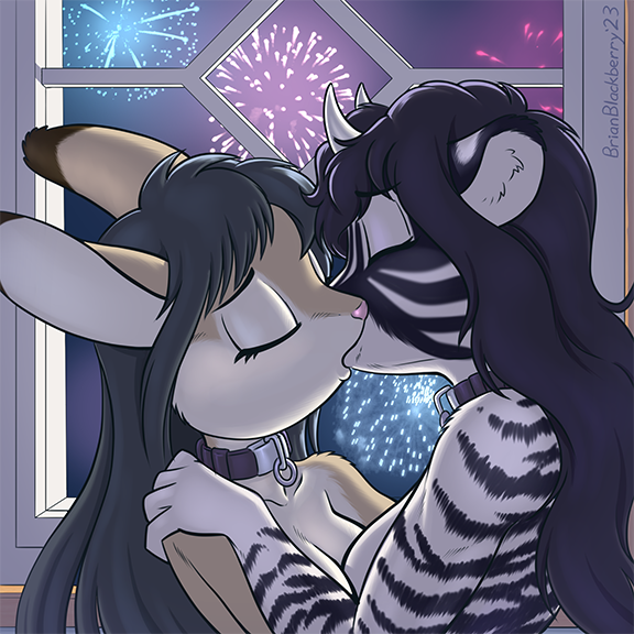 anthro azail blueberry_(brian_mcpherson) brian_mcpherson duo eyes_closed felid female female/female fireworks hare horn kissing lagomorph leash leporid mammal nude pantherine tiger