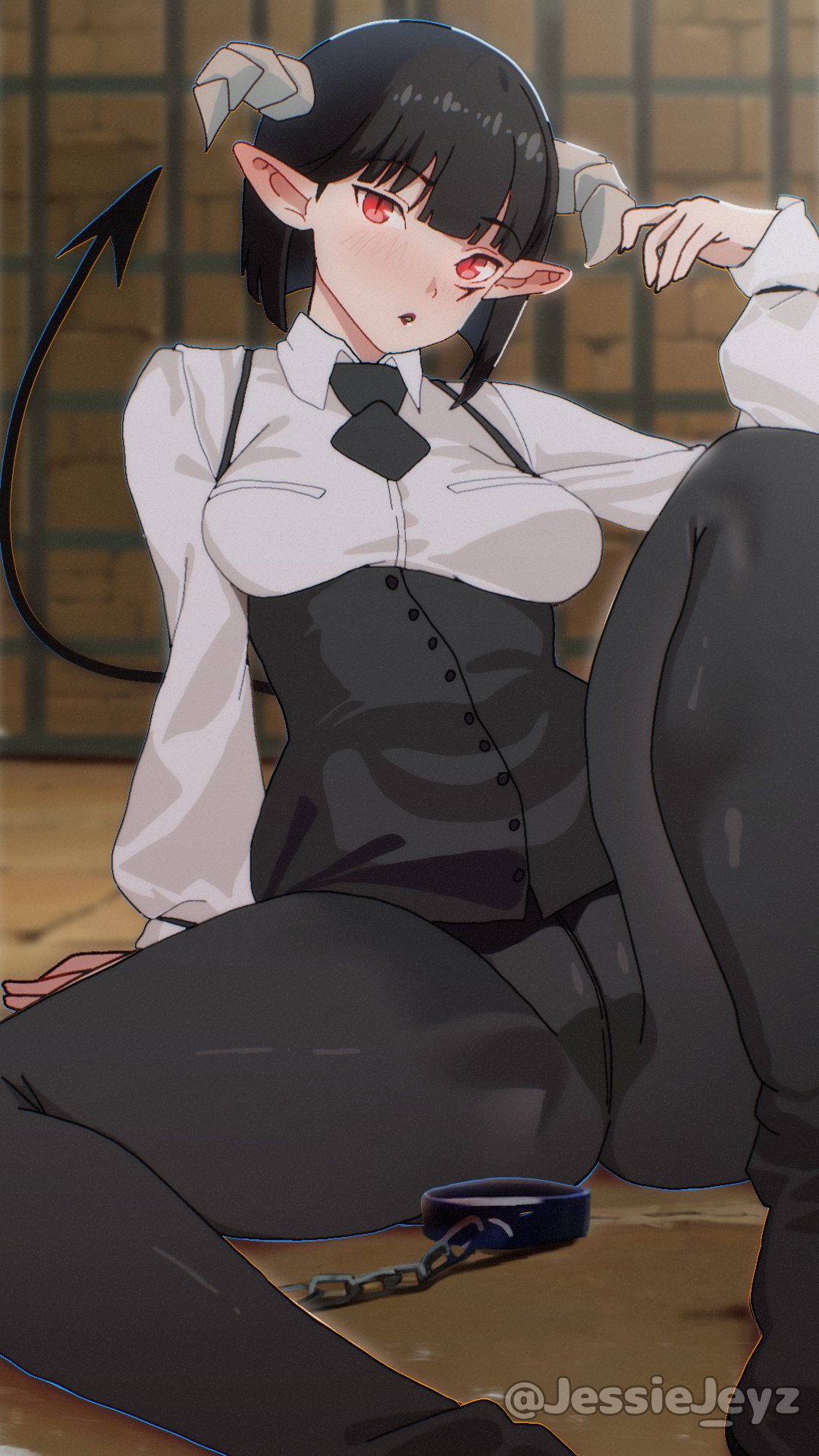1girl blush breasts collar demon_girl demon_horns demon_tail groin_outline highres hime-sama_"goumon"_no_jikan_desu horns jessie_jeyz large_breasts legs_apart looking_at_viewer metal_collar open_mouth pointy_ears red_eyes short_hair solo tail thighhighs torture
