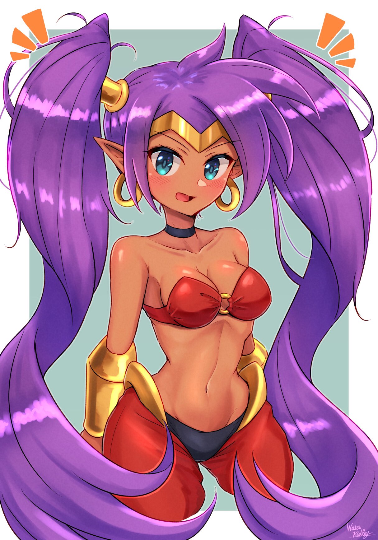 1girl bare_shoulders black_choker blue_eyes border breasts choker collarbone commentary_request earrings eyelashes grey_background groin highres hoop_earrings jewelry large_breasts long_hair navel notice_lines o-ring o-ring_top open_mouth outside_border pointy_ears purple_hair shantae shantae_(series) simple_background smile solo twintails twintails_day very_long_hair wakaba_(wata_ridley) white_border
