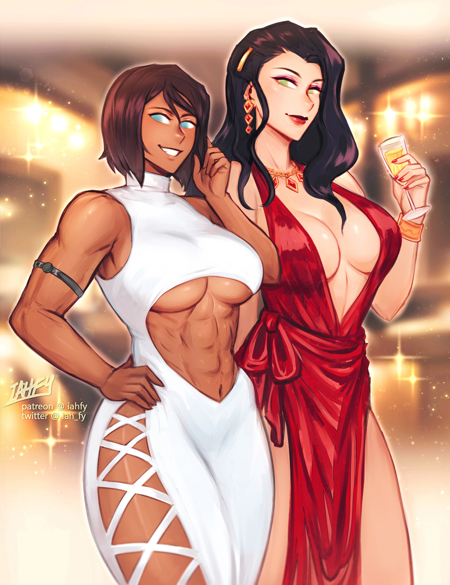 2girls abs asami_sato avatar_legends black_hair blue_eyes breasts brown_hair champagne_flute cleavage clothing_cutout cup dark-skinned_female dark_skin dress drinking_glass green_eyes hand_on_own_hip iahfy jewelry korra long_hair multiple_girls muscular muscular_female necklace no_bra red_dress short_hair stomach_cutout the_legend_of_korra underboob white_dress