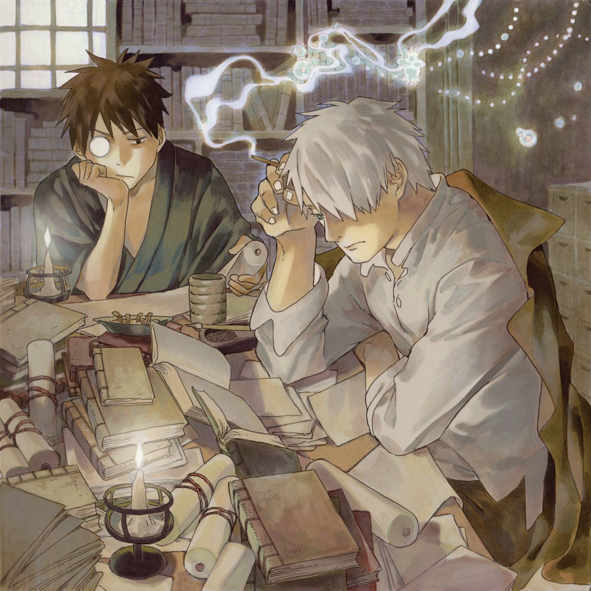 2boys adashino-sensei arm_rest black_eyes black_kimono book book_stack bookshelf brown_hair candle cigarette collared_shirt commentary cup day drawer elbow_rest english_commentary from_above frown ginko green_eyes head_on_hand head_rest highres holding holding_cigarette indoors japanese_clothes kimono male_focus monocle multiple_boys mushishi one_eye_covered open_book paper reading scroll shirt short_hair smoke table tamasaburo_(braudraws) upper_body white_hair white_shirt window