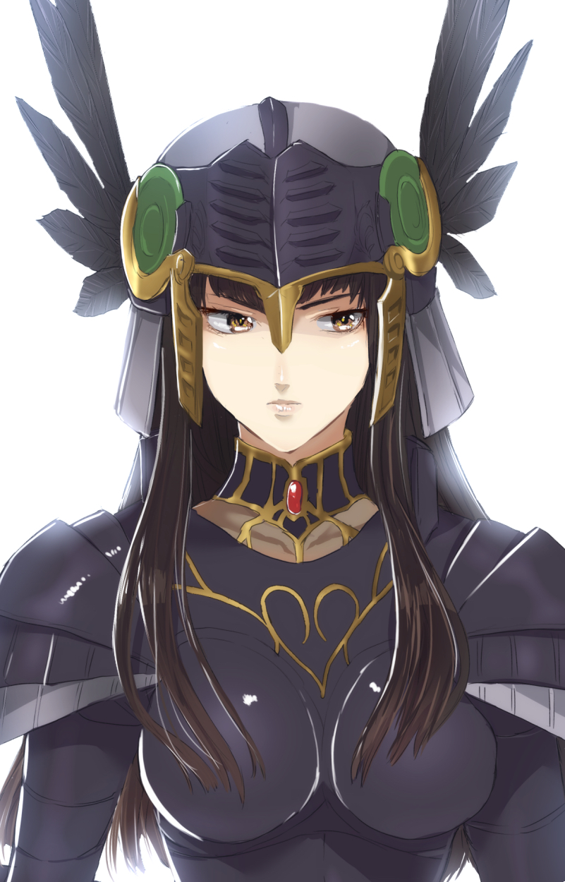 1girl armor black_armor black_hair breastplate closed_mouth feathers helmet highres hrist_valkyrie lips long_hair murata_tefu shoulder_armor simple_background solo valkyrie valkyrie_profile_(series) white_background winged_helmet