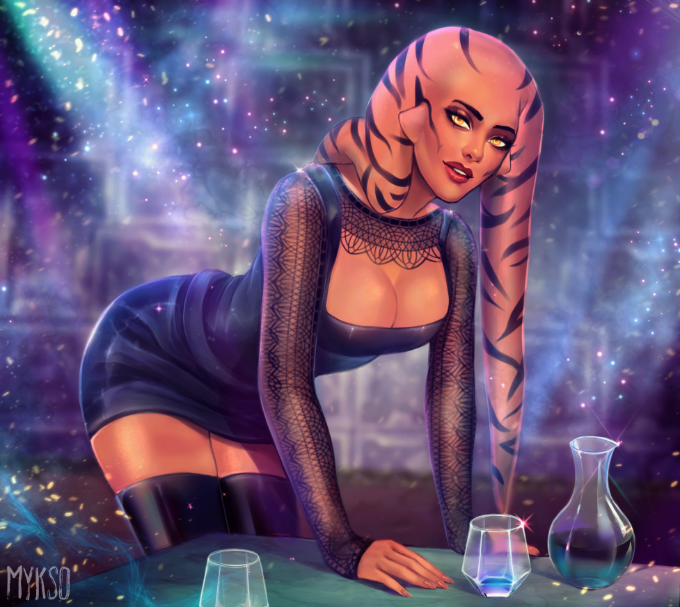 1girl alien artist_name black_dress black_footwear boots breasts cleavage colored_skin dress glass indoors lekku_(anatomy) looking_at_viewer medium_breasts myks0 original pink_skin red_lips solo star_wars thigh_boots twi'lek yellow_eyes