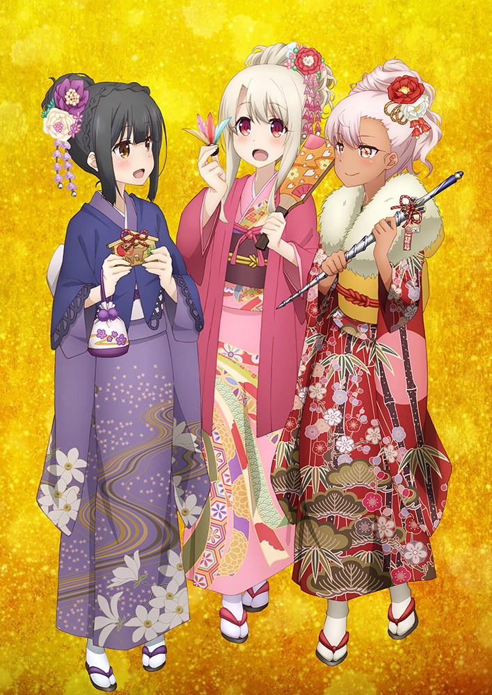 3girls :d black_hair blonde_hair blush braid brown_eyes chloe_von_einzbern commentary_request crown_braid dark-skinned_female dark_skin ema fate/kaleid_liner_prisma_illya fate_(series) floral_print flower full_body furisode hagoita hair_bun hair_flower hair_ornament hair_up hane_(hanetsuki) hanetsuki holding illyasviel_von_einzbern japanese_clothes kimono kinchaku long_hair miyu_edelfelt multiple_girls nengajou new_year obi official_alternate_costume official_alternate_hairstyle open_mouth paddle pink_hair pouch print_kimono purple_hair red_eyes sandals sash single_hair_bun smile standing tabi textless_version ushijima_nozomi wide_sleeves yukata zouri