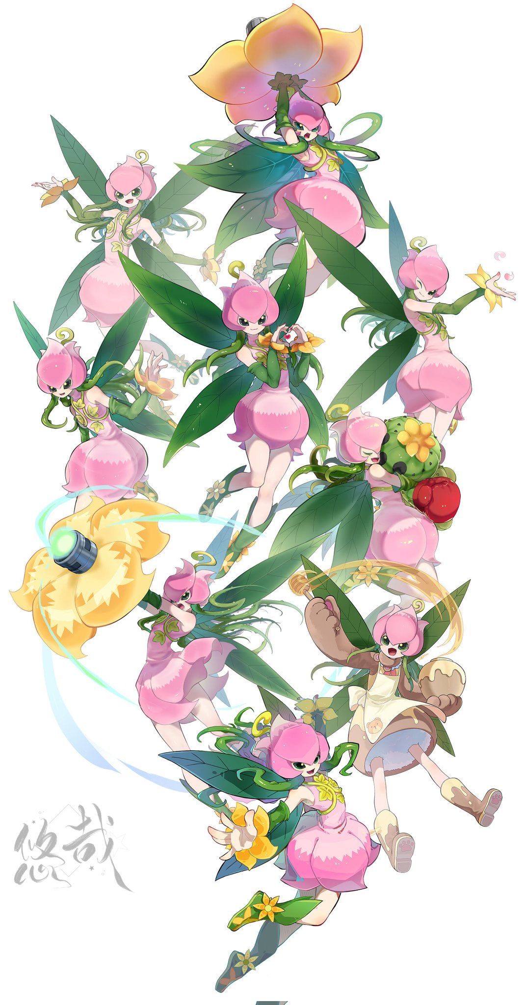 1girl :3 boots detached_sleeves digimon digimon_(creature) dress fairy_wings flower_head green_eyes green_footwear green_hair green_sleeves heart heart_hands highres hug lilimon monster_girl multiple_wings no_nose one_eye_closed open_mouth pink_dress plant_girl simple_background sleeveless solo thorns wings youzaiyouzai112