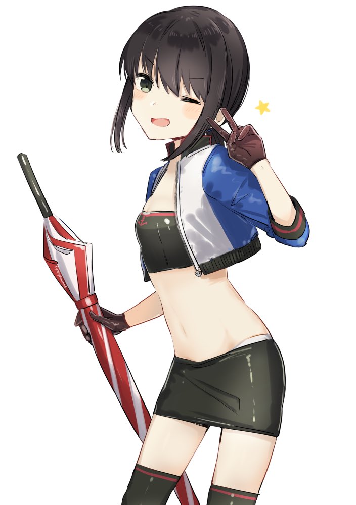 1girl alternate_costume bandeau black_gloves black_hair black_legwear black_skirt cowboy_shot cropped_jacket fubuki_(kantai_collection) gloves green_eyes jacket kantai_collection long_hair looking_at_viewer low_ponytail miniskirt multicolored multicolored_clothes multicolored_jacket one_eye_closed ponytail race_queen short_ponytail sidelocks simple_background skirt solo thighhighs white_background yamashiki_(orca_buteo)