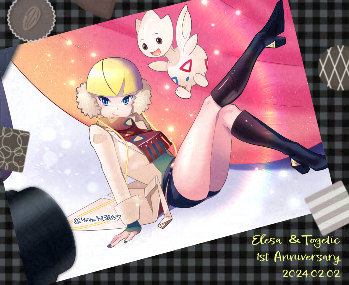 1girl anniversary arm_support black_footwear blonde_hair boots character_name coat commentary_request dated earmuffs elesa_(palentine's_2023)_(pokemon) elesa_(pokemon) knee_boots knees_together_feet_apart leaning looking_to_the_side memo14030037 nail_polish official_alternate_costume open_clothes open_coat pokemon pokemon_(creature) pokemon_masters_ex red_scarf scarf short_hair sitting thighs togetic