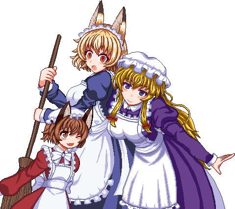 3girls :o ;d alternate_costume animal_ears apron blonde_hair bow breasts broom brown_eyes brown_hair cat_ears chen closed_mouth commentary_request enmaided fang hair_bow hair_ribbon hat holding holding_broom juliet_sleeves large_breasts long_hair long_sleeves looking_at_viewer lowres maid maid_headdress mob_cap multiple_girls no_headwear one_eye_closed open_mouth orange_eyes petite pixel_art puffy_sleeves purple_eyes red_bow ribbon short_hair size_difference skin_fang smile surprised touhou transparent_background tress_ribbon unk_kyouso white_headwear yakumo_ran yakumo_yukari
