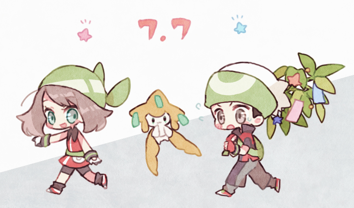 1boy 1girl :3 bandana black_pants black_socks blue_eyes blush_stickers branch brendan_(pokemon) brown_eyes brown_hair chibi collared_shirt commentary dated floating flying_sweatdrops full_body gloves green_bag green_bandana green_headwear grey_background hand_on_own_face happy jacket jirachi leaf looking_back may_(pokemon) medium_hair mgomurainu multicolored_clothes multicolored_gloves open_mouth outstretched_arm pants pointing pokemon pokemon_(creature) pokemon_rse red_gloves red_jacket running shirt shoes sidelocks sleeveless sleeveless_shirt smile socks star_(symbol) sweatdrop tanzaku