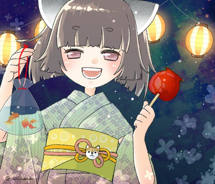 1girl alternate_costume bag bagged_fish blunt_bangs blush brown_hair candy candy_apple fish food goldfish gradient_kimono green_kimono half-closed_eyes headgear holding holding_candy holding_food japanese_clothes kanoko_(pattern) kimono lantern light_particles looking_at_viewer nishizumu_hisoka obi obidome obijime open_mouth paper_lantern pink_eyes pinstripe_kimono print_kimono raised_eyebrows sash short_eyebrows short_hair short_twintails smile solo teeth touhoku_kiritan twintails upper_body voiceroid yukata