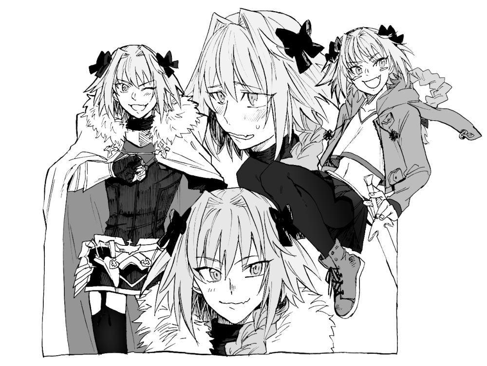 1boy :d astolfo_(fate) astolfo_(memories_at_trifas)_(fate) blush bow braid cape closed_mouth crop_top fang fate/apocrypha fate_(series) fur-trimmed_cape fur_trim garter_straps greyscale hair_bow hair_intakes hood hooded_jacket jacket looking_at_viewer male_focus monochrome multiple_views navel noz_2to one_eye_closed open_clothes open_jacket open_mouth otoko_no_ko pantyhose rerebrace shoes short_hair_with_long_locks simple_background skin_fang skirt smile sneakers sweat