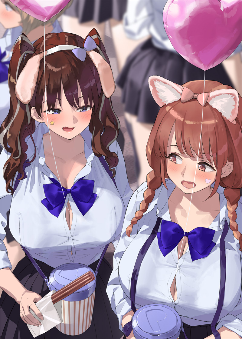 4girls animal_ears black_skirt blue_bow blue_bowtie blue_eyes bow bowtie braid breasts brown_hair button_gap cat_ears collarbone collared_shirt commentary_request cup dog_ears fake_animal_ears fang hair_bow holding holding_cup kaisen_chuui large_breasts long_hair multiple_girls open_mouth original pink_bow pleated_skirt shirt skirt star_sticker sticker_on_face twin_braids two_side_up white_shirt