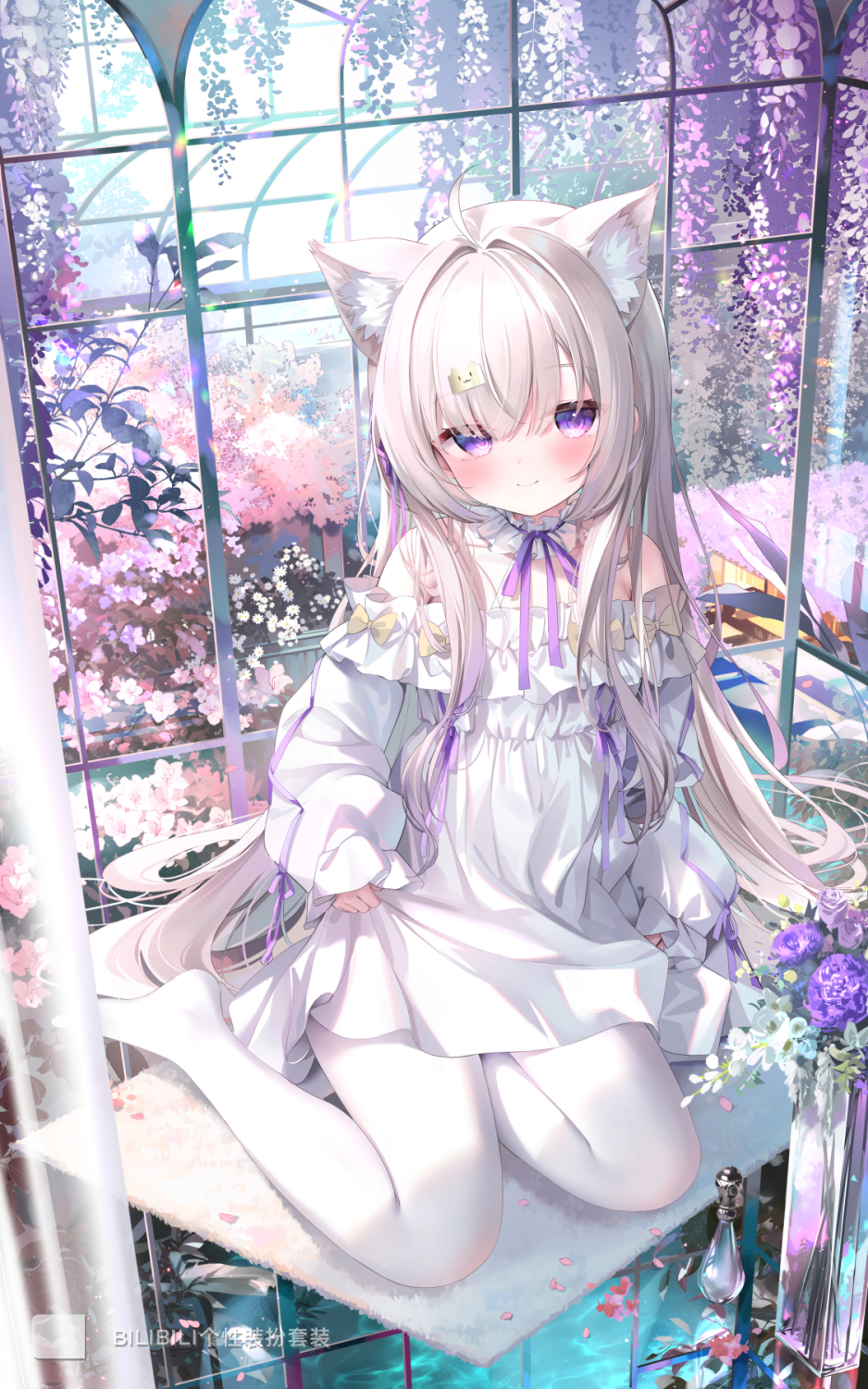 ahoge animal_ears bilibili cat_ears cat_girl chen_bin closed_mouth dress flower full_body highres indoors original pantyhose purple_eyes smile tagme watermark white_dress white_hair white_pantyhose wisteria