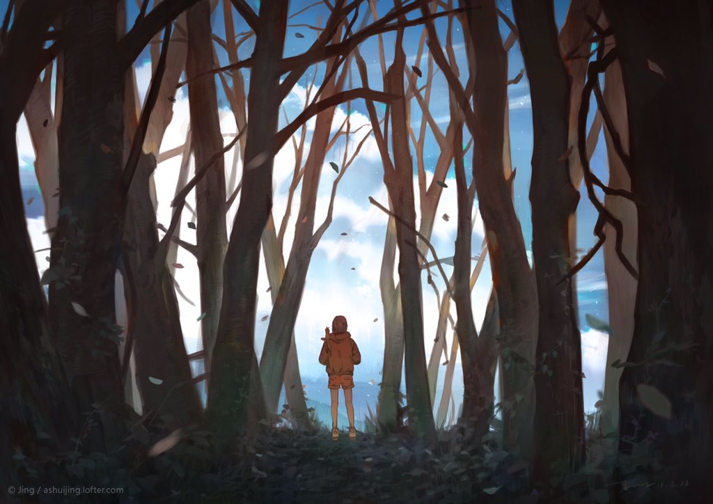 1girl animal_on_shoulder ashuijing bare_legs bare_tree blue_sky brown_hair cloud commentary day falling_leaves ferret forest from_behind full_body hands_in_pockets hood hood_down hoodie leaf medium_hair nature orange_shorts original red_hood red_hoodie shoes short_shorts shorts sky sneakers solo symbol-only_commentary tree wide_shot yellow_footwear