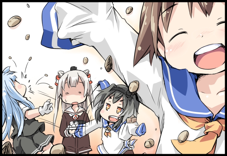 4girls amatsukaze_(kancolle) beans black_vest blue_hair blue_sailor_collar brown_dress dress grey_skirt hair_tubes ham_(points) hat hatsukaze_(kancolle) kantai_collection long_hair mini_hat multiple_girls neckerchief open_mouth round_teeth sailor_collar sailor_dress shirt skirt sleeves_past_fingers sleeves_past_wrists teeth throwing tied_dress tokitsukaze_(kancolle) two_side_up upper_teeth_only vest white_dress white_hair white_sailor_collar white_shirt yellow_neckerchief yukikaze_(kancolle)