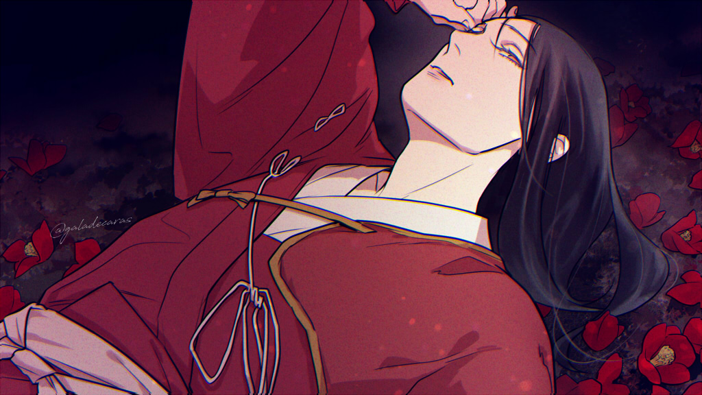 1boy akatsuki_wo_tsugu androgynous black_hair brown_eyes camellia chromatic_aberration fingernails flower galadecaras hair_between_eyes japanese_clothes kimono looking_at_viewer loose_hair_strand lying male_focus minamoto_no_yoshitsune on_back parted_lips red_flower red_kimono solo twitter_username