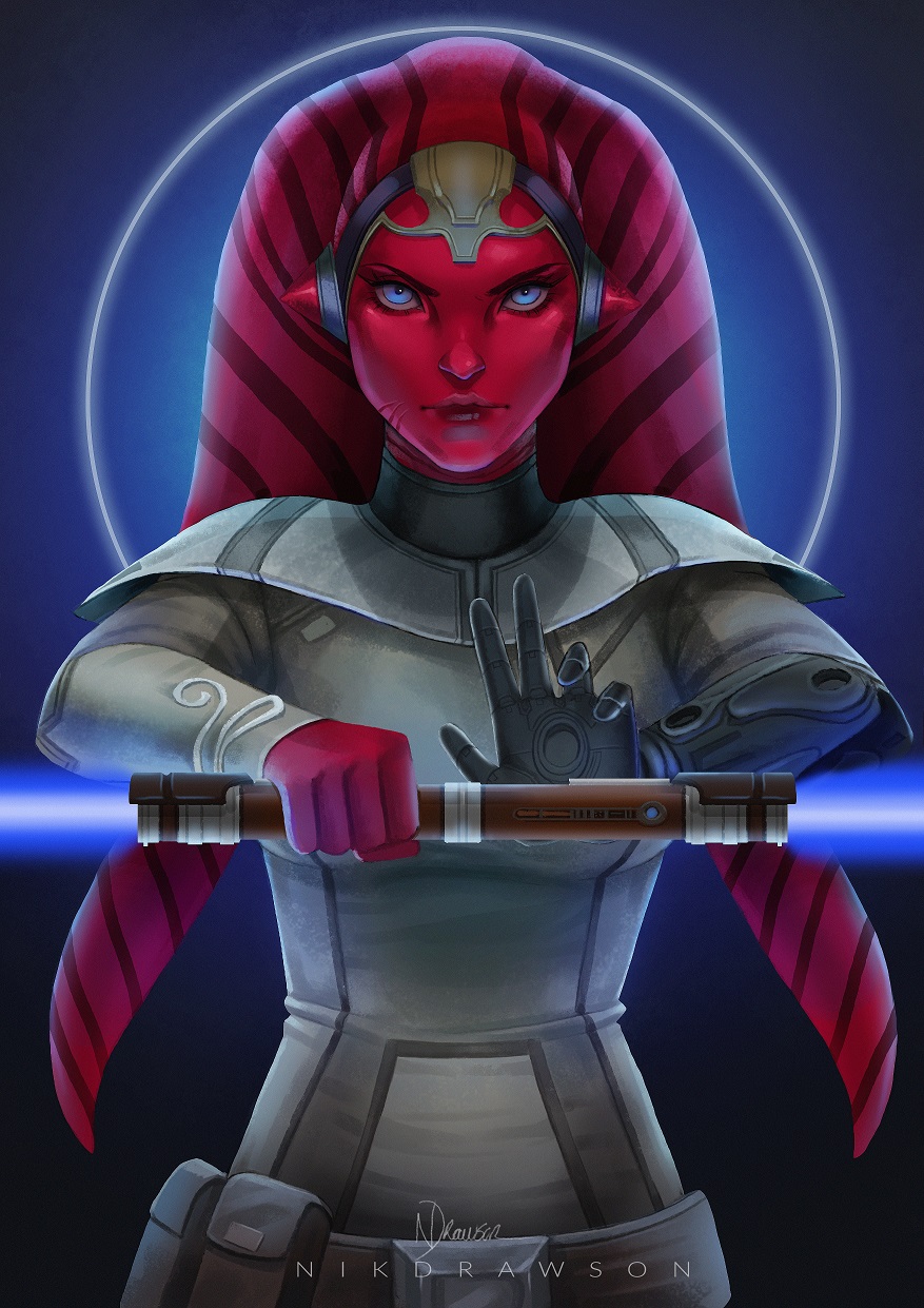 1girl alien artist_name belt black_gloves blue_background blue_eyes blue_lightsaber colored_skin double_bladed_lightsaber energy_sword gloves gradient_background grey_shirt highres holding_lightsaber lekku_(anatomy) lightsaber looking_at_viewer nikdrawson red_skin shirt signature single_glove solo star_wars star_wars:_the_old_republic sword twi'lek upper_body weapon