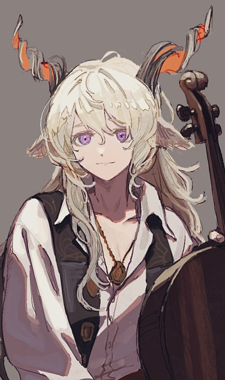 1boy animal_ears arknights bishounen cello goat_boy goat_ears goat_horns grey_background highres horns instrument jewelry kreide_(arknights) long_hair male_focus necklace purple_eyes shima_(shimmer_7y) shirt simple_background smile solo upper_body white_hair white_shirt