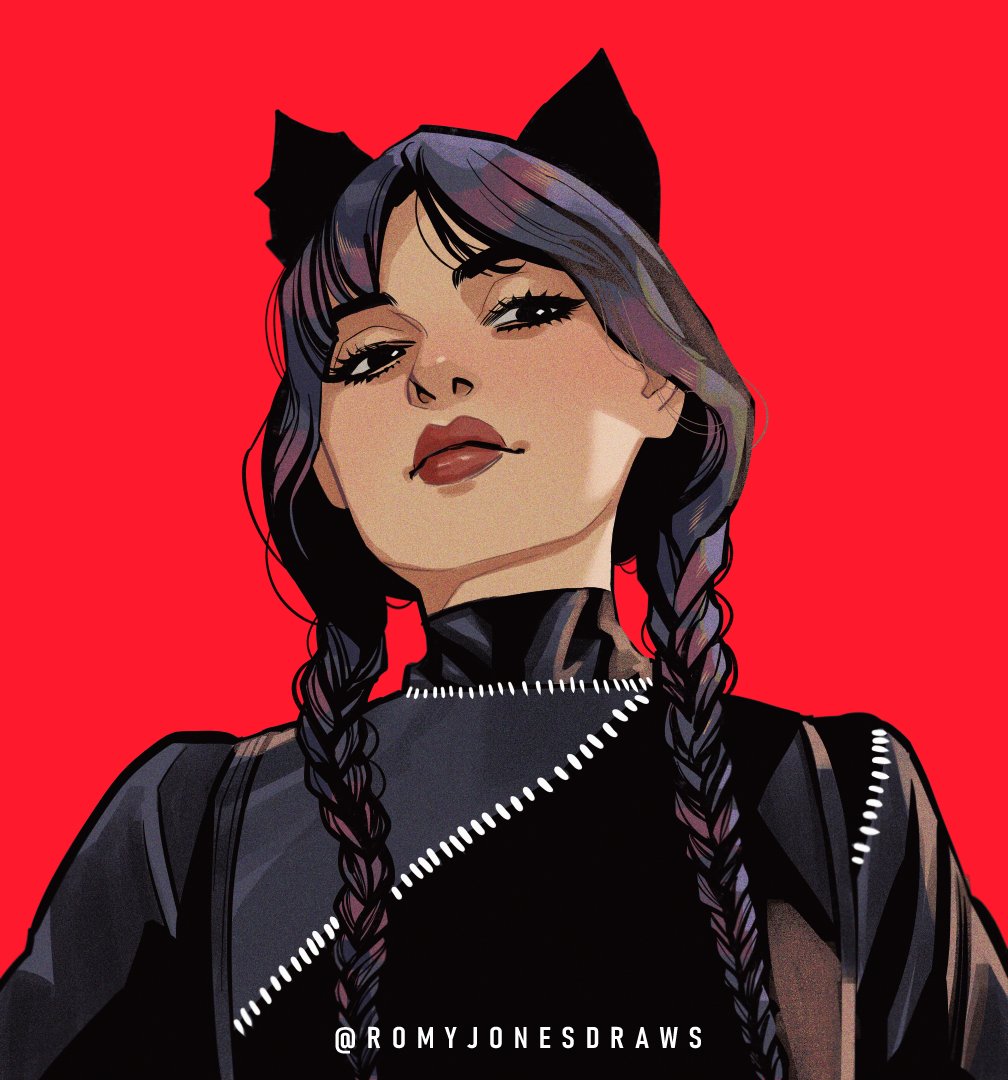 1girl addams_family artist_name black_bow black_dress black_hair bow braid closed_mouth dress hair_bow long_hair looking_at_viewer red_background red_lips romy_jones_(romyjonesdraws) simple_background solo twin_braids twintails wednesday_(netflix) wednesday_addams