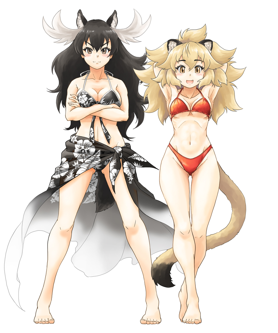 2girls animal_ears arms_behind_head arms_up ass_visible_through_thighs barefoot big_hair bikini black_hair blonde_hair blush breasts brown_eyes cleavage closed_mouth crossed_arms extra_ears floral_print full_body grey_hair groin halterneck kemono_friends legs_apart lion_(kemono_friends) lion_ears lion_girl lion_tail long_hair looking_at_viewer medium_breasts moose_(kemono_friends) moose_ears moose_girl moose_tail multicolored_hair multiple_girls naka_(nicovideo14185763) navel open_mouth print_bikini red_bikini sarong side-by-side simple_background smile standing stomach swimsuit tail toes two-tone_hair very_long_hair white_background yellow_eyes