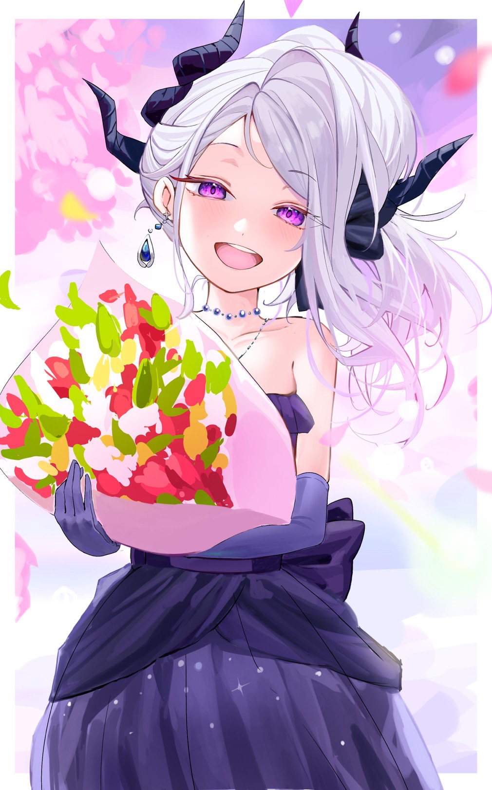 1girl black_horns blue_archive blush bouquet collarbone dangle_earrings demon_horns dress earrings elbow_gloves gloves grey_hair highres hina_(blue_archive) hina_(dress)_(blue_archive) hirekatsu-kan holding holding_bouquet horns jewelry long_hair looking_at_viewer multiple_horns necklace official_alternate_costume official_alternate_hairstyle open_mouth pendant purple_dress purple_eyes purple_gloves smile solo strapless strapless_dress