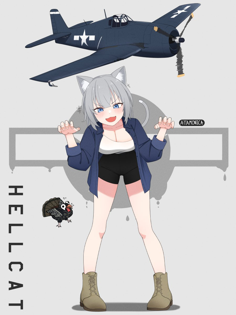 1girl aircraft airplane animal_ear_fluff animal_ears atamonica black_shorts blue_eyes blue_jacket blunt_bangs boots breasts brown_footwear canopy_(aircraft) cat_ears cat_girl cat_tail claw_pose cleavage english_commentary english_text f6f_hellcat_(personification) full_body grey_background grey_hair high-waist_shorts highres jacket legs medium_breasts military_vehicle original personification propeller shirt short_hair shorts solo tail turkey_(bird) united_states_navy vehicle_and_personification vehicle_name white_shirt