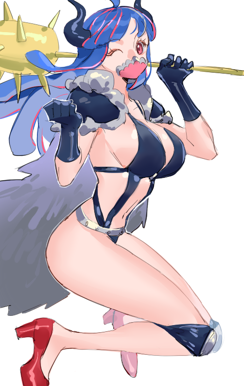 1girl blue_cape blue_hair blue_horns breasts cape club_(weapon) covered_mouth curled_horns dark_blue_gloves dinosaur_girl fur_cape high_heels horns knee_pads large_breasts long_hair mask mouth_mask multicolored_hair one_eye_closed one_piece pink_eyes pink_hair pink_mask raine_(acke2445) red_footwear revealing_clothes simple_background solo spiked_club streaked_hair ulti_(one_piece) weapon white_background