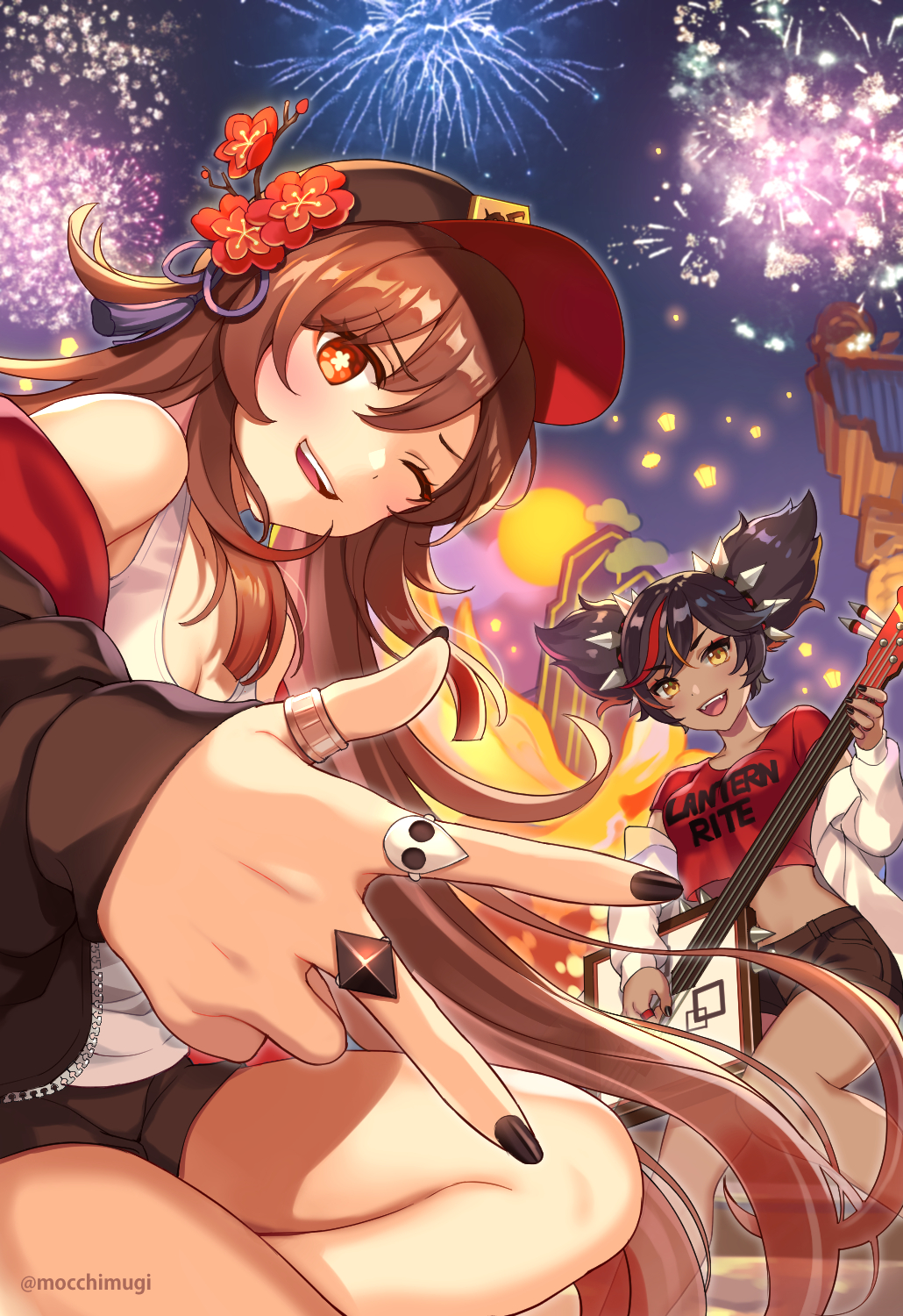 2girls aerial_fireworks baseball_cap black_hair blush crop_top dark-skinned_female dark_skin fang fireworks flower genshin_impact guitar hairband hat highres holding hood hoodie hu_tao_(genshin_impact) instrument jewelry long_hair looking_at_viewer midriff mocchimugi multicolored_hair multiple_girls multiple_rings nail_polish night night_sky off_shoulder one_eye_closed open_mouth orange_eyes outdoors plum_blossoms red_hair ring shorts sky smile spiked_hairband spikes streaked_hair tank_top thumb_ring twintails v very_long_hair xinyan_(genshin_impact) yellow_eyes