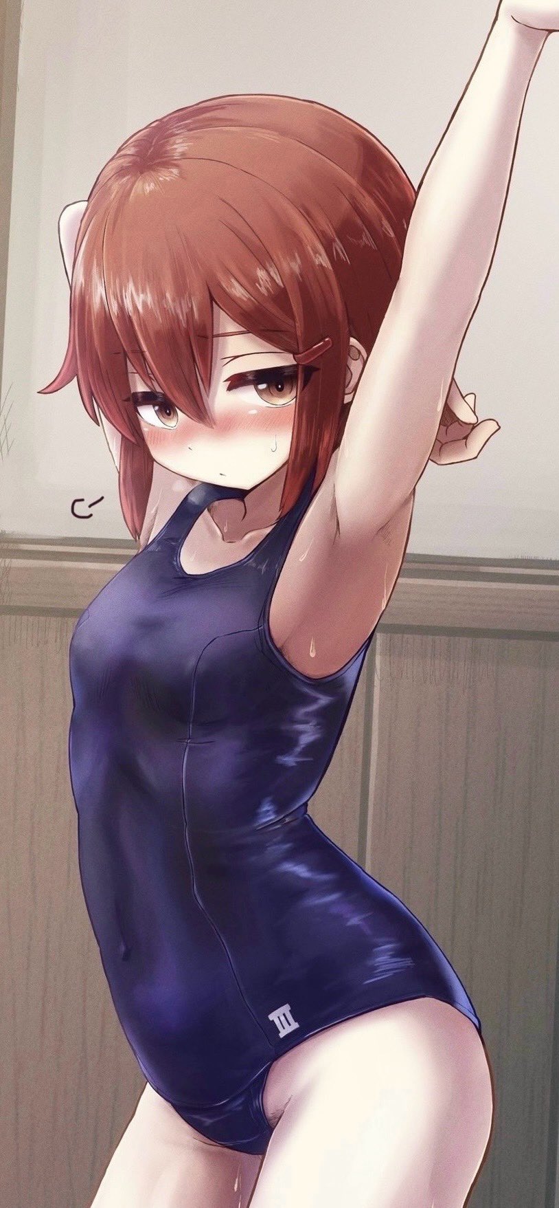 1girl arm_up armpits blue_one-piece_swimsuit blush breasts brown_eyes character_request check_character closed_mouth collarbone covered_navel cowboy_shot hair_between_eyes hair_ornament hairclip highres ikazuchi_(kancolle) indoors kantai_collection looking_at_viewer nose_blush one-piece_swimsuit red_hair short_hair small_breasts swimsuit unagiman