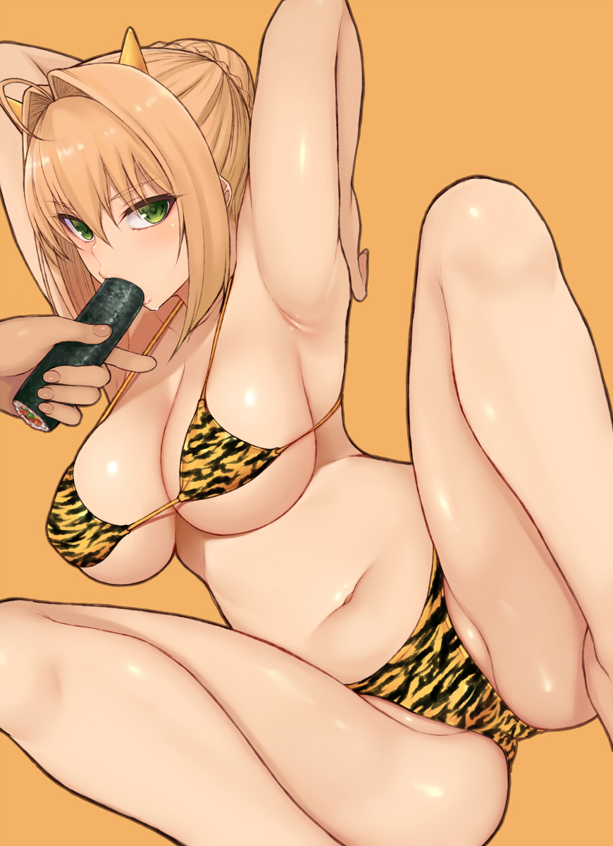 1girl ahoge animal_print armpits arms_up bare_shoulders bikini blonde_hair blush braid breasts cleavage cocq_taichou fake_horns fate/extra fate_(series) feeding food french_braid green_eyes hair_bun hair_intakes highres horns large_breasts looking_at_viewer makizushi medium_hair navel nero_claudius_(fate) nero_claudius_(fate/extra) solo_focus spread_legs sushi swimsuit thighs tiger_print yellow_background yellow_bikini