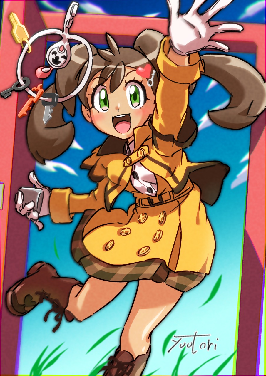 1girl boots brown_footwear dark-skinned_female dark_skin gloves green_eyes highres key_hair_ornament klefki looking_at_viewer official_alternate_costume pokemon pokemon_(creature) pokemon_masters_ex shauna_(pokemon) shauna_(special_costume)_(pokemon) signature skirt white_gloves yellow_skirt you_bird