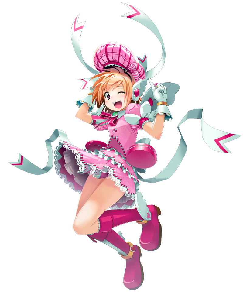 1girl bad_source beret boots brown_eyes cosmic_break dress frills gloves hat idol index_finger_raised jewelry jumping lala_ricotte light_brown_hair one_eye_closed open_mouth pink_dress ring short_hair sidelocks smile teeth thighs third-party_source transparent_background tutu upper_teeth_only wakaba_sprout white_gloves