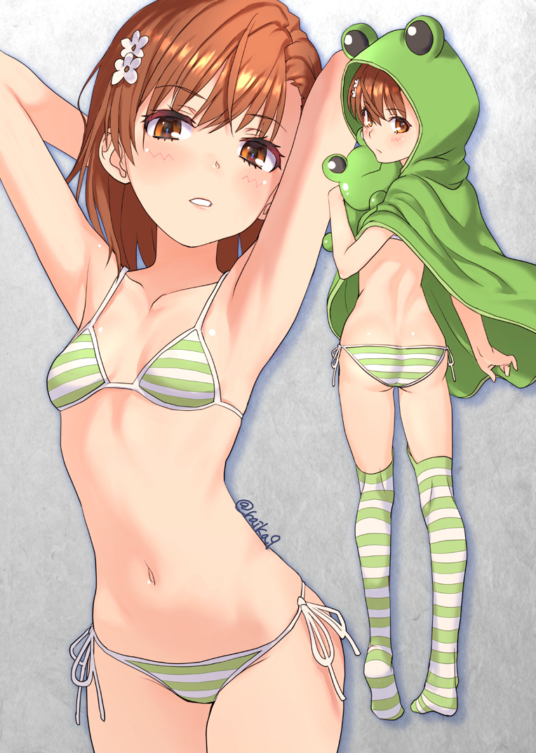 1girl animal_hood armpits arms_up artist_name ass bikini blush breasts brown_eyes brown_hair closed_mouth collarbone commentary_request flower frog_hood from_behind full_body gekota green_bikini green_thighhighs hair_flower hair_ornament hood looking_at_viewer looking_back medium_hair misaka_mikoto multiple_views navel raika9 small_breasts standing striped_bikini striped_clothes striped_thighhighs stuffed_animal stuffed_frog stuffed_toy swimsuit thighhighs toaru_kagaku_no_railgun toaru_majutsu_no_index twitter_username watermark