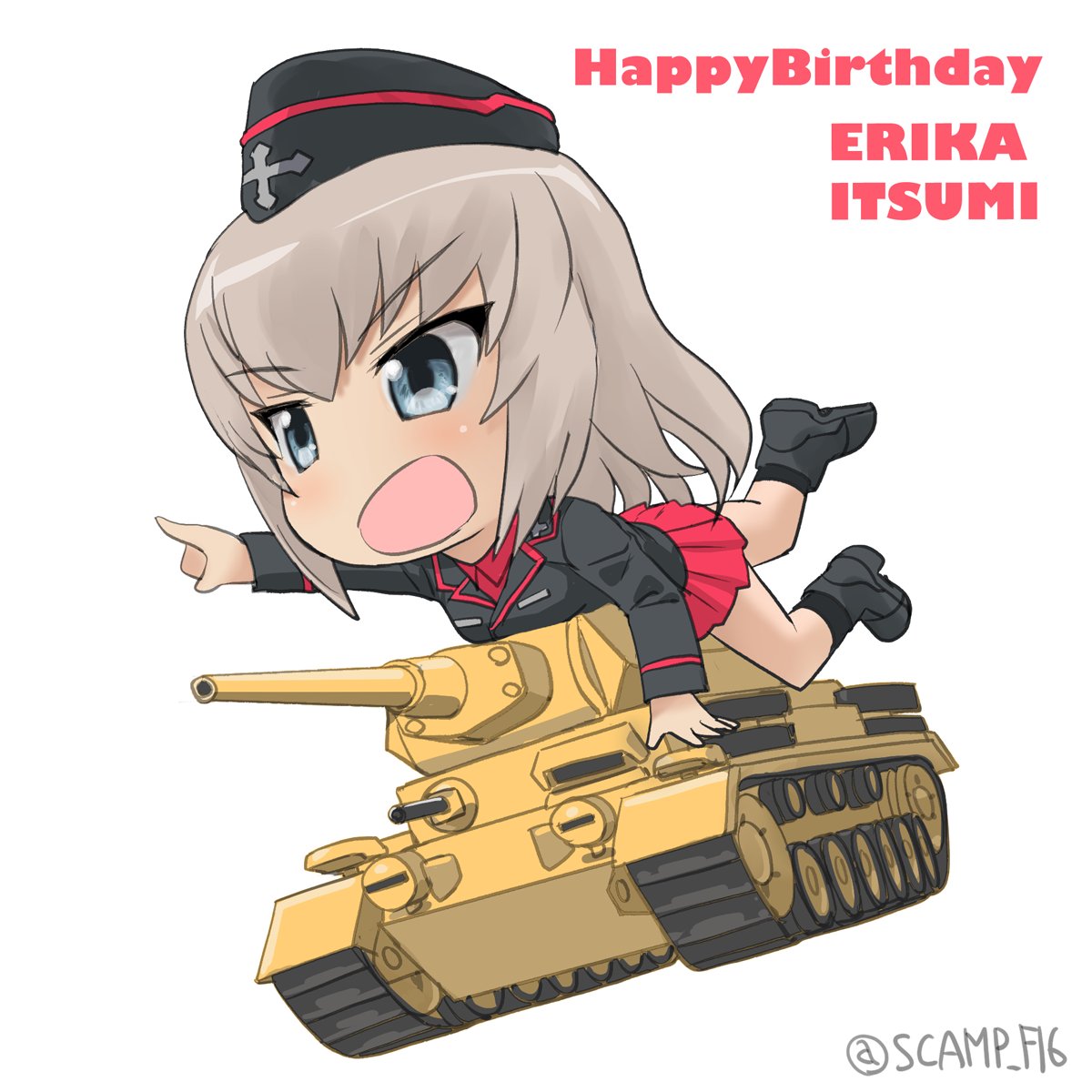 1girl black_coat blonde_hair blue_eyes boots chibi coat commentary english_text garrison_cap girls_und_panzer hat highres itsumi_erika kuromorimine_military_uniform lying military_vehicle motor_vehicle on_stomach panzer_iii pointing red_shirt red_skirt scamp_(scamp_f16) shirt skirt solo tank twitter_username