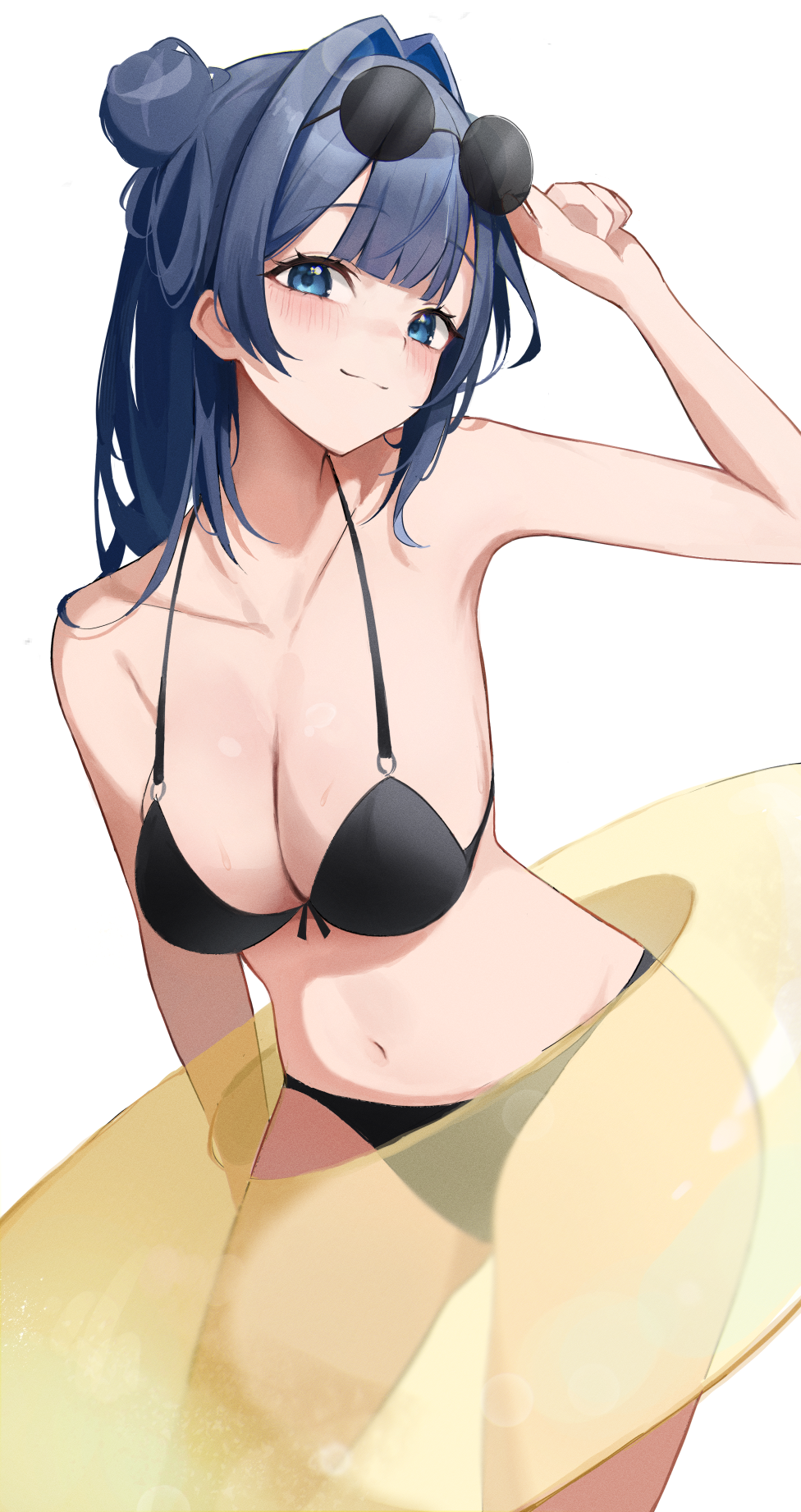 1girl bikini black_bikini blue_eyes blue_hair breasts cleavage collarbone double_bun eyewear_on_head front-tie_bikini_top front-tie_top hair_bun hair_intakes highres hololive hololive_english innertube leaning_forward looking_at_viewer medium_breasts mukana_meme ouro_kronii simple_background solo sunglasses swim_ring swimsuit virtual_youtuber white_background