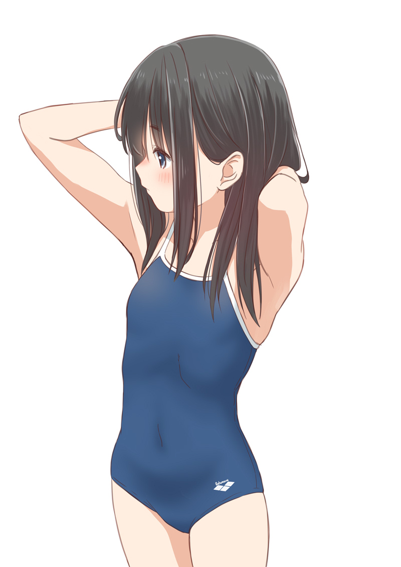1girl arena_(company) arms_behind_head black_hair blue_one-piece_swimsuit brown_eyes competition_school_swimsuit covered_navel cowboy_shot flat_chest long_hair looking_to_the_side one-piece_swimsuit original retsumaru school_swimsuit simple_background solo standing swimsuit white_background