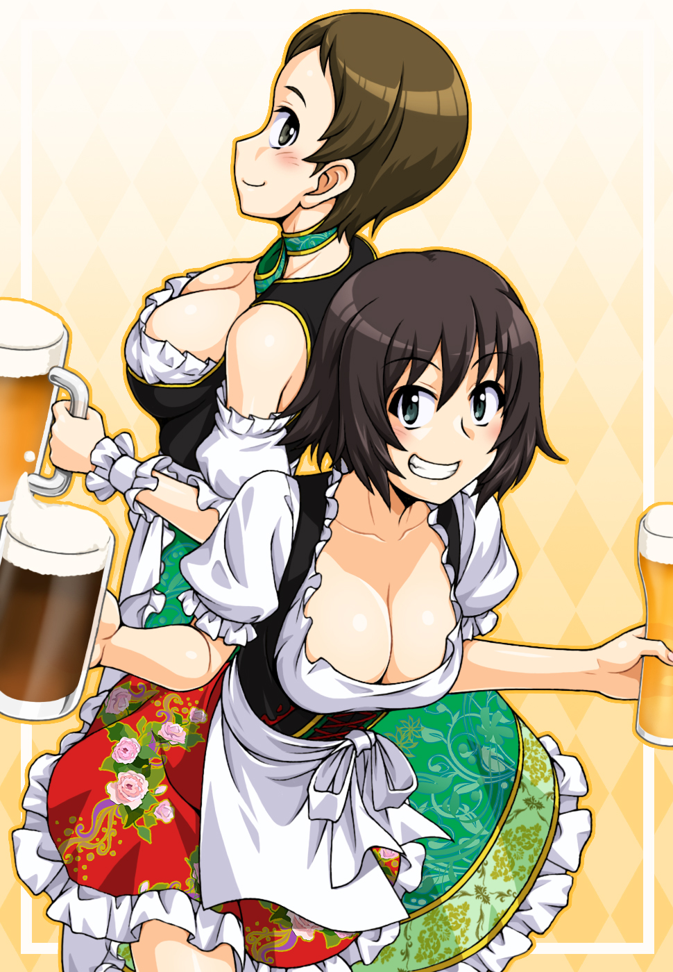 2girls 2gou alcohol alternate_costume apron beer beer_mug blue_eyes breasts brown_eyes brown_hair cleavage closed_mouth commentary_request cup dirndl dress floral_print frilled_dress frilled_sleeves frills german_clothes girls_und_panzer grin hida_ema highres holding holding_cup kojima_emi leaning_forward looking_at_viewer looking_back medium_breasts medium_dress mug multiple_girls oktoberfest oosaka_kanagawa partial_commentary print_dress puffy_short_sleeves puffy_sleeves red_dress short_dress short_hair short_sleeves smile standing very_short_hair waist_apron