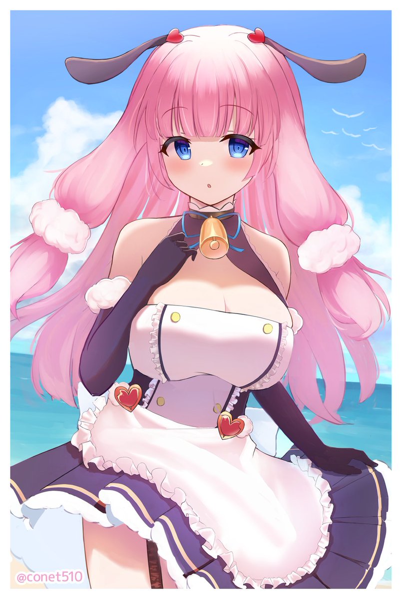 1girl azur_lane bare_shoulders bell bird black_gloves blue_eyes blue_sky blush border breasts cleavage cloud cloudy_sky conet510 elbow_gloves gloves heart highres large_breasts long_hair looking_at_viewer maid neck_bell ocean outside_border parted_lips pink_hair seagull sky solo suffolk_(azur_lane) twitter_username water white_border