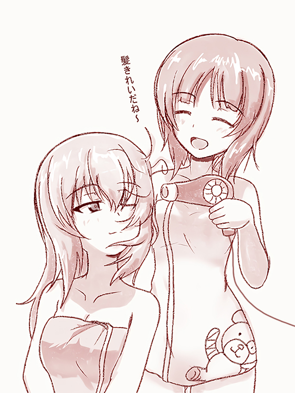 2girls boko_(girls_und_panzer) breasts cleavage closed_eyes collarbone commentary girls_und_panzer haiiro_purin hair_dryer itsumi_erika multiple_girls naked_towel nishizumi_miho one_eye_closed open_mouth smile towel translation_request