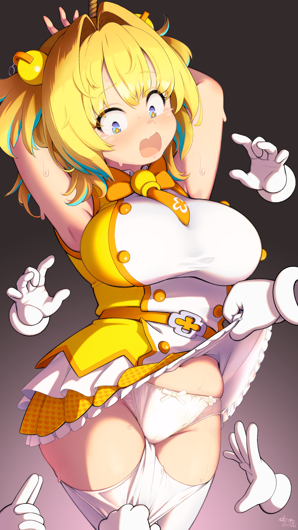 1girl arms_up assisted_exposure blonde_hair blue_eyes blue_hair bombergirl breasts clothes_lift clothes_pull clover-shaped_pupils deto gradient_background grenade_hair_ornament highres large_breasts lifting_another's_clothes multicolored_hair open_mouth panties pantyhose pantyhose_pull pine_(bombergirl) skirt skirt_lift sweat symbol-shaped_pupils two-tone_hair underwear yellow_pupils