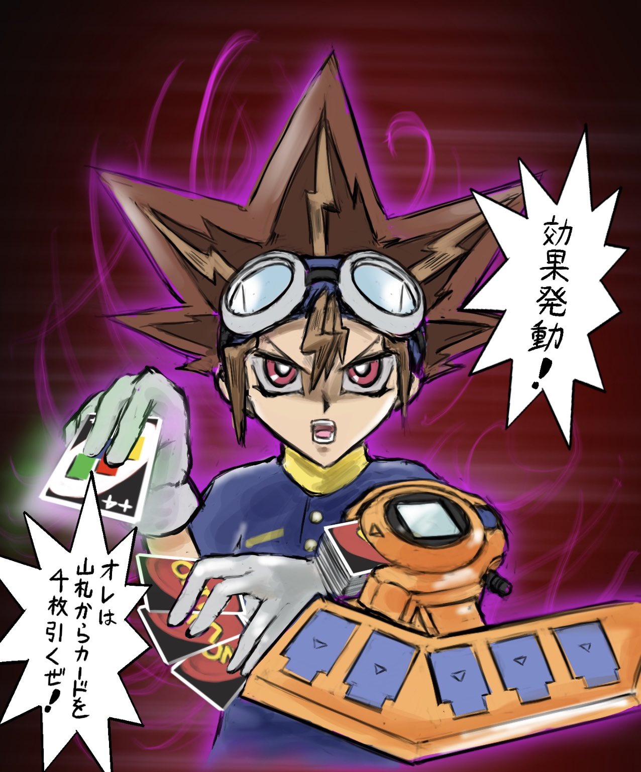 1boy aura blue_shirt brown_hair card commentary_request crossover digimon digimon_adventure digivice duel_disk fusion gloves goggles goggles_on_head highres holding holding_card mas_square purple_eyes ringed_eyes shirt spiked_hair translation_request uno_(game) upper_body white_gloves yagami_taichi yami_yuugi yu-gi-oh! yu-gi-oh!_duel_monsters