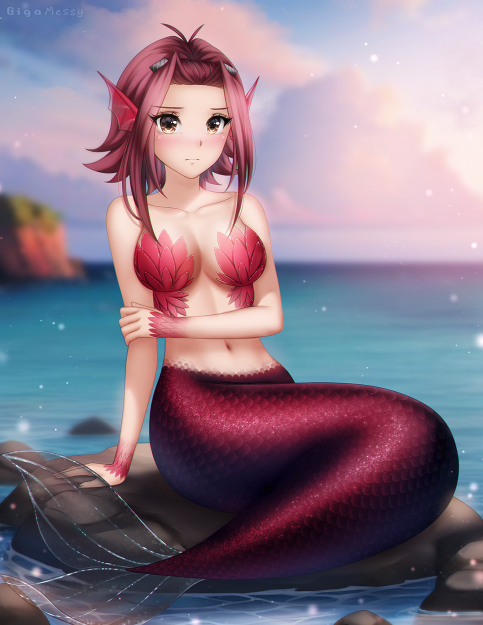 1girl artist_name blush breasts brown_eyes closed_mouth commission forehead gigamessy gloves highres izayoi_aki large_breasts medium_hair mermaid monster_girl monsterification navel ocean parted_bangs red_hair rock scales sitting solo water watermark yu-gi-oh! yu-gi-oh!_5d's