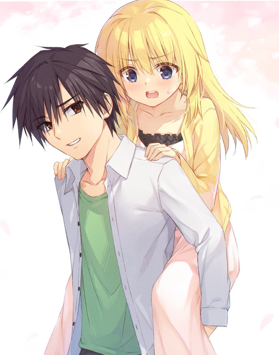 1boy 1girl black_hair blonde_hair blue_eyes blush brother_and_sister carrying casual chitose_haruki chitose_sana cofetaru collarbone collared_shirt commentary dress dress_shirt eyes_visible_through_hair feet_out_of_frame green_shirt grin hair_between_eyes hair_down hair_intakes hands_on_another's_shoulders highres jacket long_hair long_sleeves looking_at_another open_clothes open_jacket open_mouth piggyback pink_dress shirt short_hair siblings sidelocks simple_background smile spiked_hair surprised sweatdrop teeth tenshinranman upper_body upper_teeth_only v-shaped_eyebrows white_background white_shirt yellow_jacket