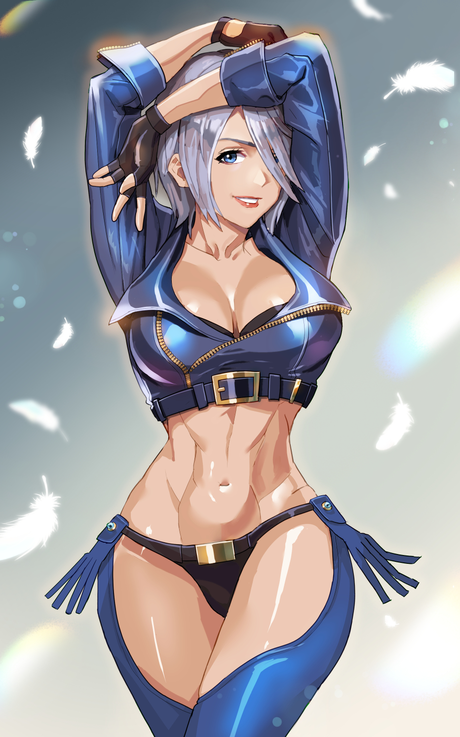 angel_(kof) arms_up black_bra black_panties blue_eyes blue_jacket bra breasts chaps cleavage collarbone cropped_jacket crotchless crotchless_pants english_commentary feathers fingerless_gloves gloves grey_hair hair_over_one_eye highres jacket large_breasts linea_alba midriff navel panties pants parted_lips short_hair smile the_king_of_fighters the_king_of_fighters_xv underwear yukinoshinf