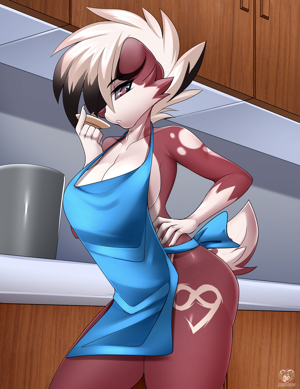 anthro canid canine canis cooking female generation_7_pokemon hi_res kitchen looking_at_another looking_at_viewer lycanroc mammal moonfluffmf mythological_canine mythological_creature mythology nintendo pokemon pokemon_(species) solo were werecanid werecanine werewolf wolf