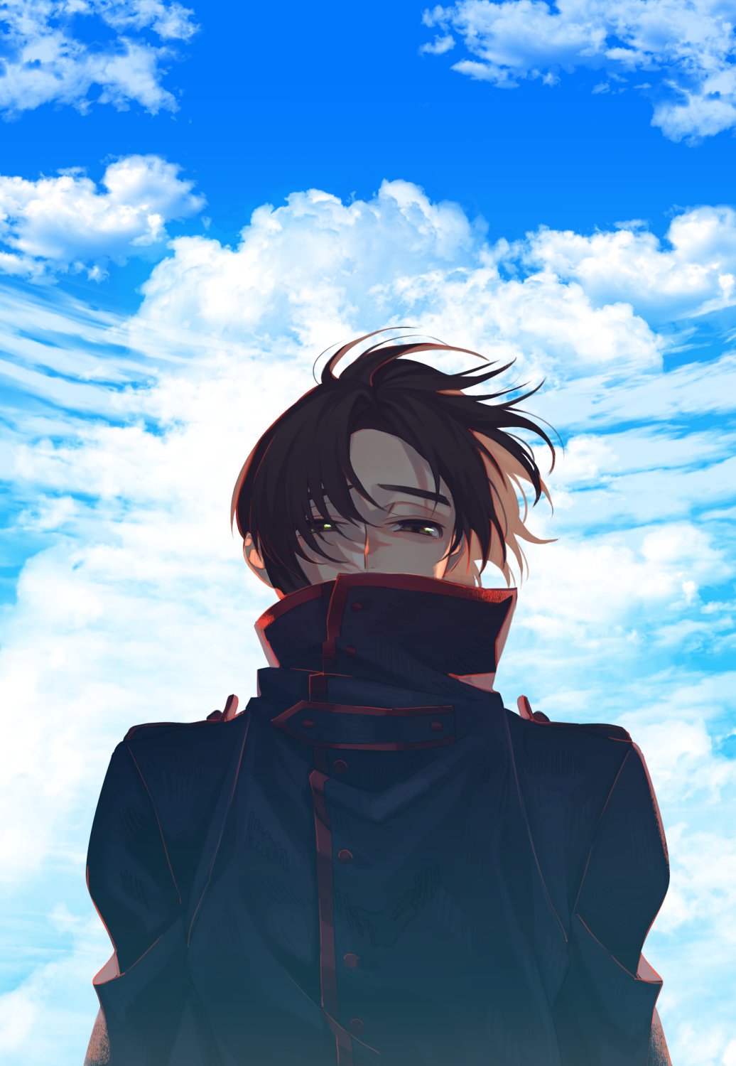 1boy backlighting black_hair black_jacket blue_sky brown_eyes buttons cloud covered_mouth day half-closed_eyes high_collar highres jacket long_sleeves looking_at_viewer makabe_kazuki male_focus noroinoenojin parted_bangs short_hair sky solo soukyuu_no_fafner straight-on uniform upper_body wind