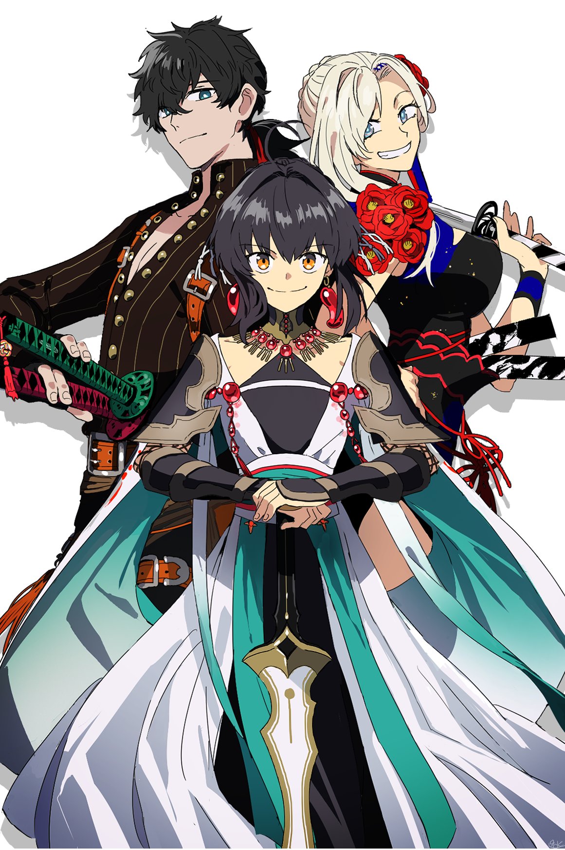 1boy 1girl 1other ahoge androgynous armor asymmetrical_hair asymmetrical_sidelocks belt belt_buckle black_dress black_hair blue_eyes braid braided_bun brown_belt buckle buttons dress earrings fate/grand_order fate/samurai_remnant fate_(series) flower gem grin hair_bun hair_flower hair_intakes hair_ornament hair_over_one_eye highres holding holding_sword holding_weapon japanese_armor japanese_clothes jewelry katana kote long_bangs long_sleeves looking_at_viewer low_ponytail magatama magatama_earrings miyamoto_iori_(fate) miyamoto_musashi_(fate) necklace official_alternate_costume official_alternate_hairstyle partially_unbuttoned pinstripe_pattern pinstripe_shirt pirohi_(pirohi214) red_flower sheath sheathed shirt shoulder_armor side_slit sidelocks simple_background sleeveless sleeveless_dress smile striped_clothes striped_shirt swept_bangs sword thigh_belt thigh_strap unsheathed vertical-striped_clothes vertical-striped_shirt weapon white_background white_dress white_hair wristband yamato_takeru_(fate)