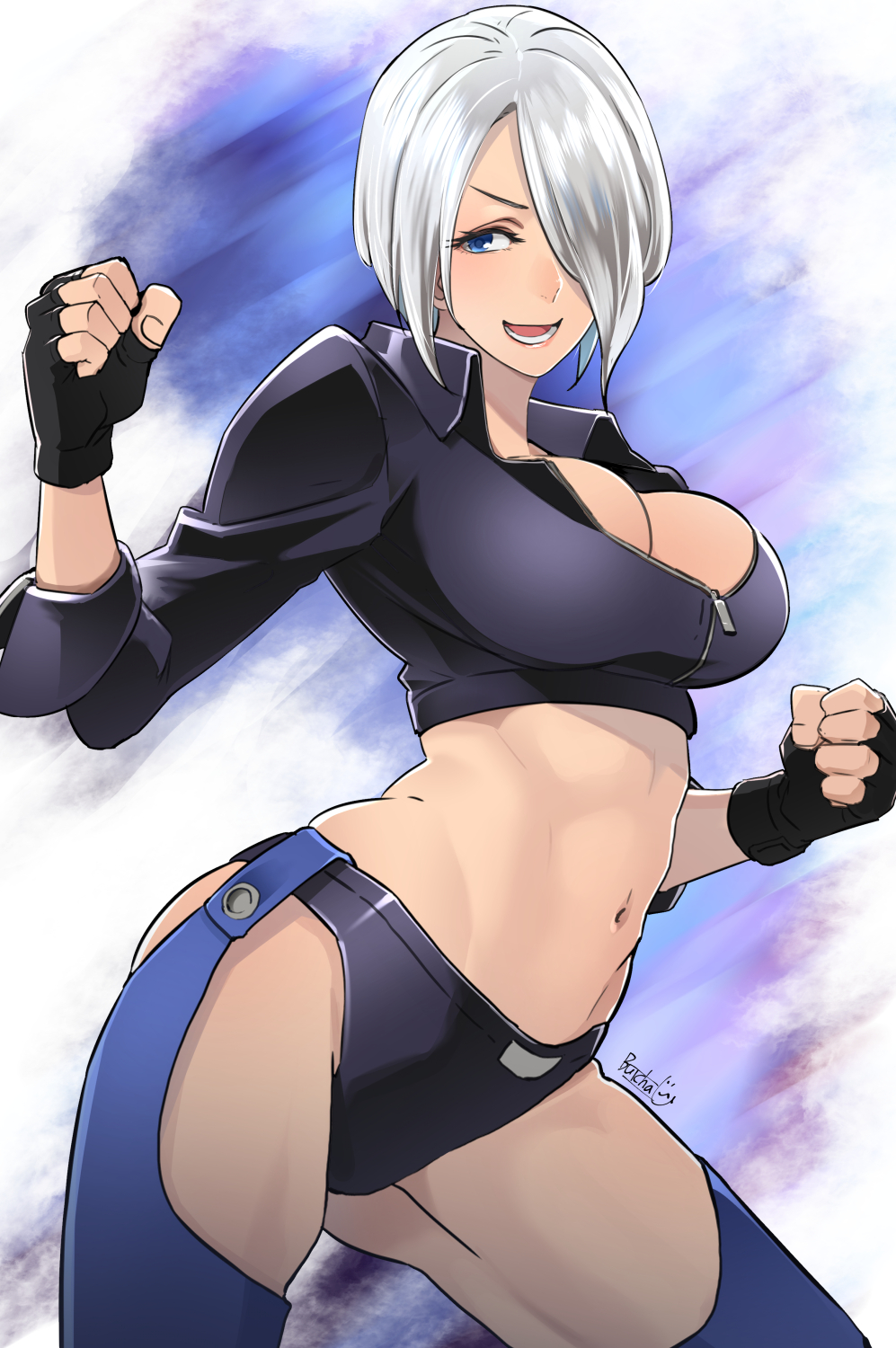 1girl angel_(kof) backless_pants blue_eyes bra breasts butcha-u chaps cleavage crop_top cropped_jacket fingerless_gloves gloves hair_over_one_eye highres jacket large_breasts leather leather_jacket looking_at_viewer midriff navel panties pants short_hair smile snk solo strapless strapless_bra the_king_of_fighters the_king_of_fighters_2001 toned underwear white_hair