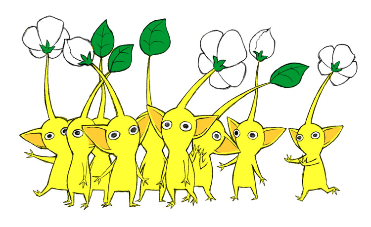 black_eyes bud colored_skin commentary_request flower hand_on_own_chin leaf looking_at_viewer naru_(wish_field) no_humans no_mouth outstretched_arms pikmin_(creature) pikmin_(series) pointy_ears simple_background white_background white_flower yellow_pikmin yellow_skin